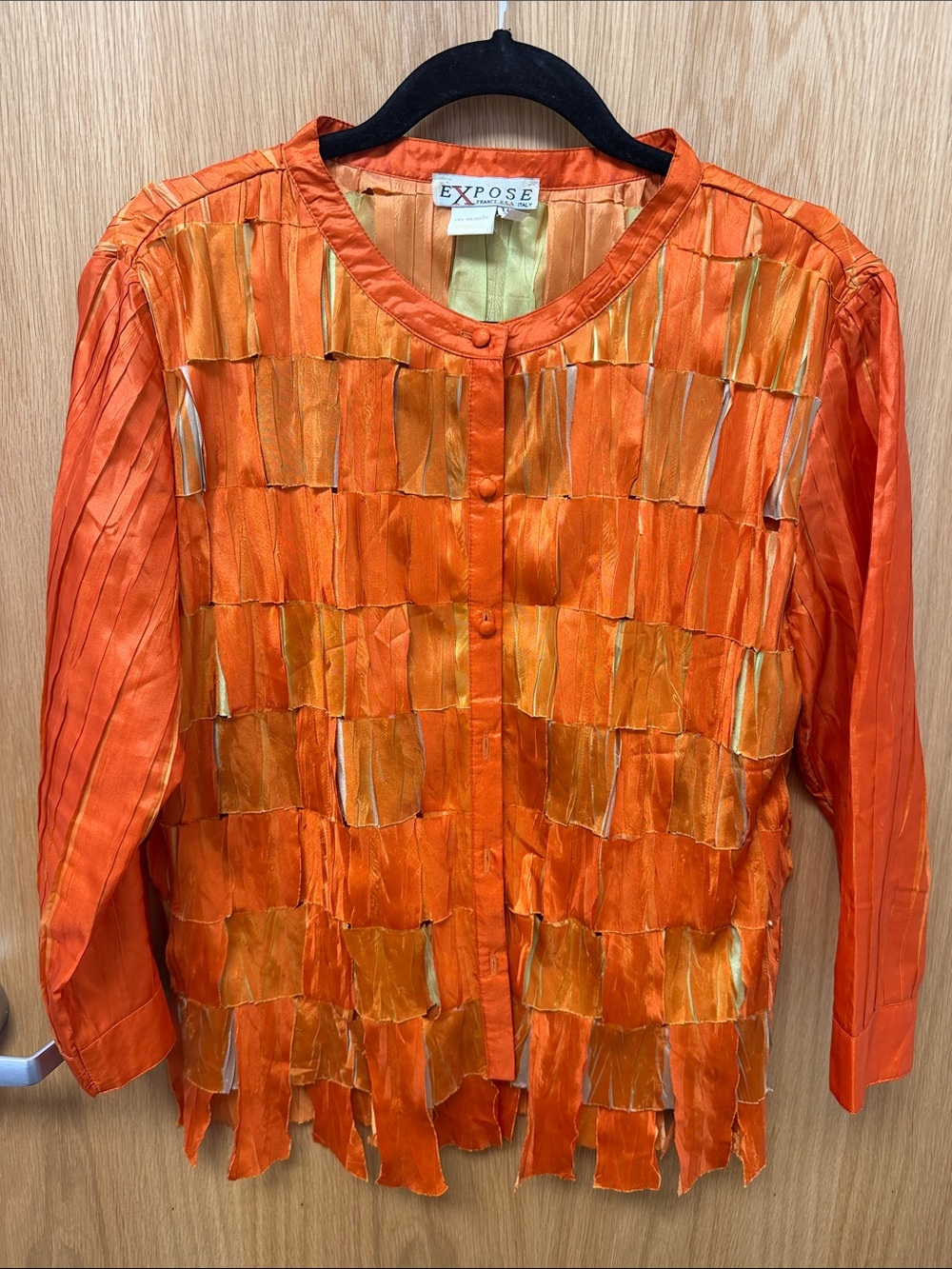 Expose Vintage Orange Patchwork Woven Ribbon Satin Button Blouse size M